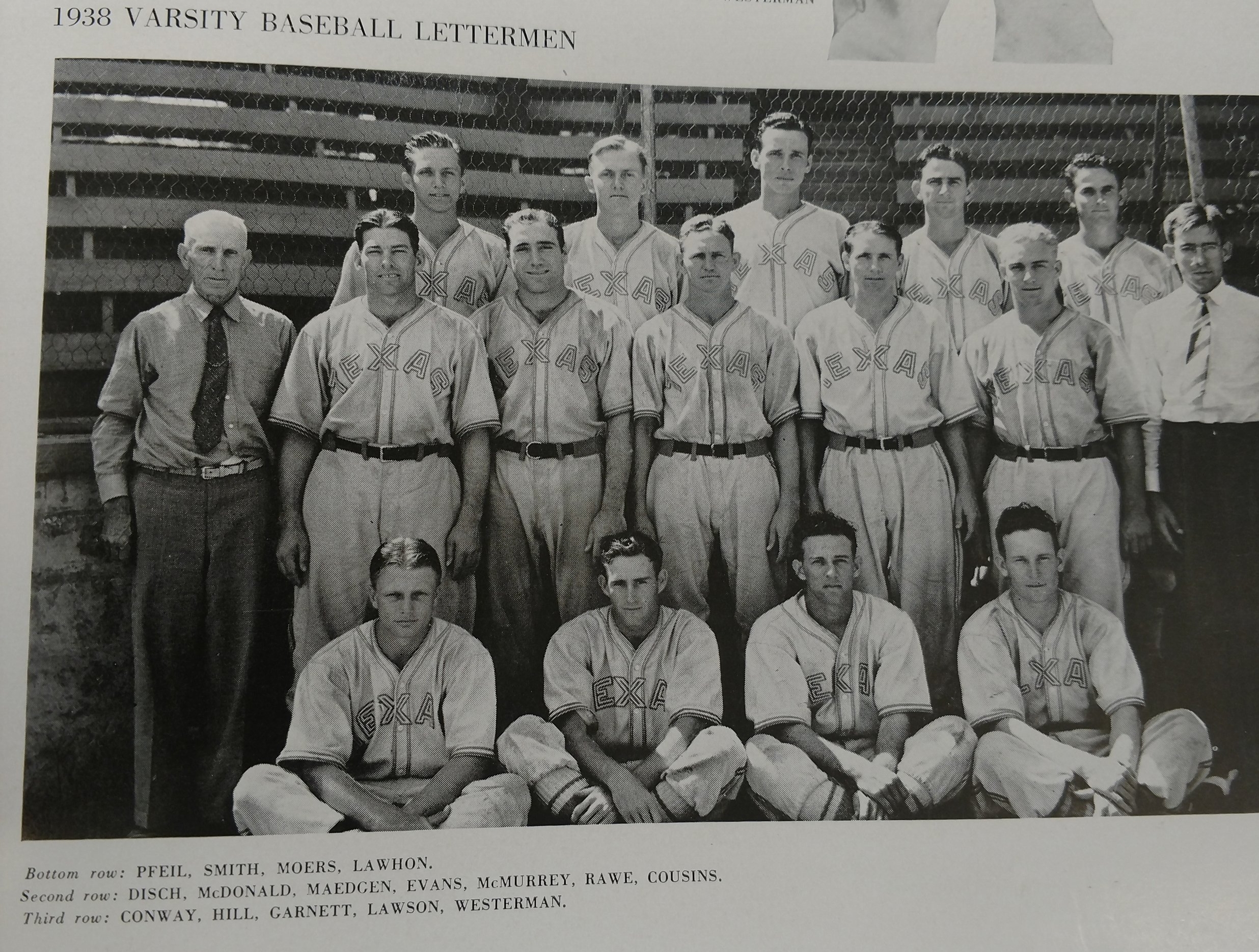 bottom  Pfeil, Smith, Moers, Lawhon, second row Disch, McDonald, Maedgen, Evans, McMurrey, Rqwe, Cousins, third ros Conway, Hill, Garnett,Lawson, Westerman