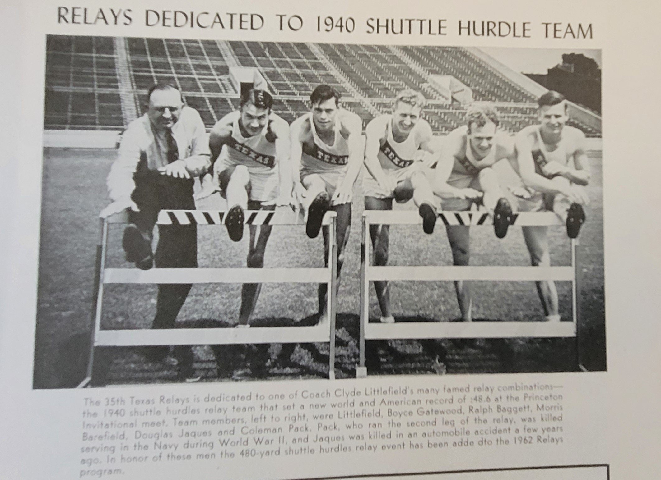 1962 Texas relays honoriing the 1940 shuttle hurdle champions ,Conradt  Littlefield, Boyce Gatewood,  ralph bagggett, Morris Barefield, Douglas Jaques, Coleman Pack