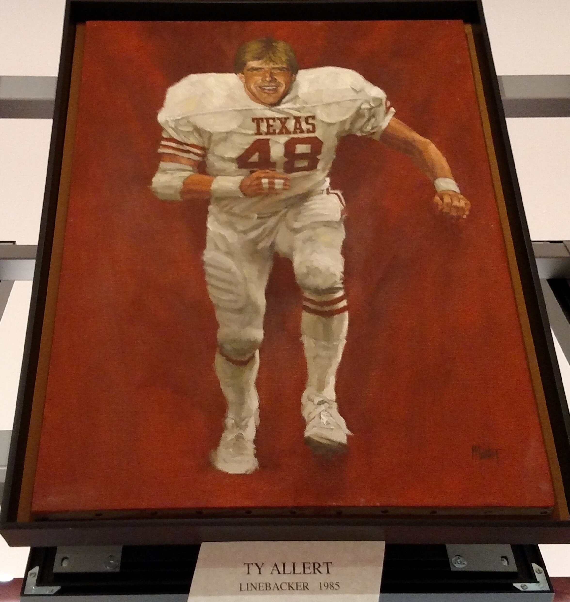 Texas' #6 All-Time LB- Ty Allert 1985  One of the best Texas linebackers of the late Southwest Conference era, Houston native Ty Allert had a nose for the ball and finished his career making a strong mark on the Texas record books.Allert's 107 solo tackles in 1984 is fourth on the Texas all-time list and his 287 career solo tackles ranks him third among all Longhorn linebackers.Ty Allert's 27 sacks are good for seventh all-time on the Texas list and his 10.5 sacks in 1985 is one of the top performances for a Texas linebacker.Allert spent four years in the NFL with the San Diego Chargers, Philadelphia Eagles, Denver Broncos and Seattle Seahawks and spent some time on the staff of former Texas head coach David McWilliams.