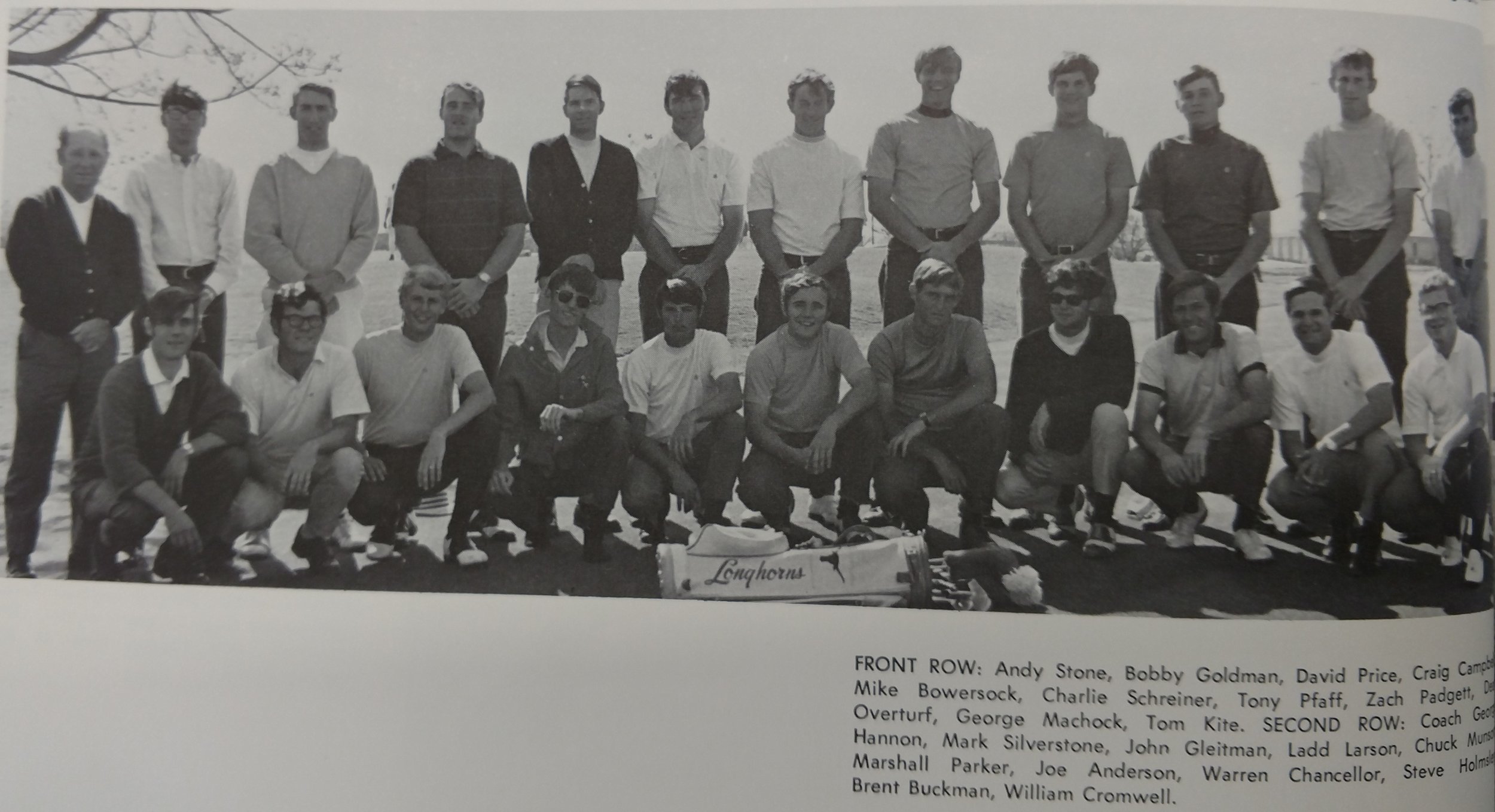  Front row Stone, Goldman, Price, Craig Campbell, Bowerstock, Schreiner, Pfaff, Padgett, Overturf, Machock, and Kite,  Second row: Coach Hannon, Silverstone, Gleitman,  Larson, Chuck  G. ,   Parker, Anderson, Chancellor, Steve Hol, Buckman, and Cromw