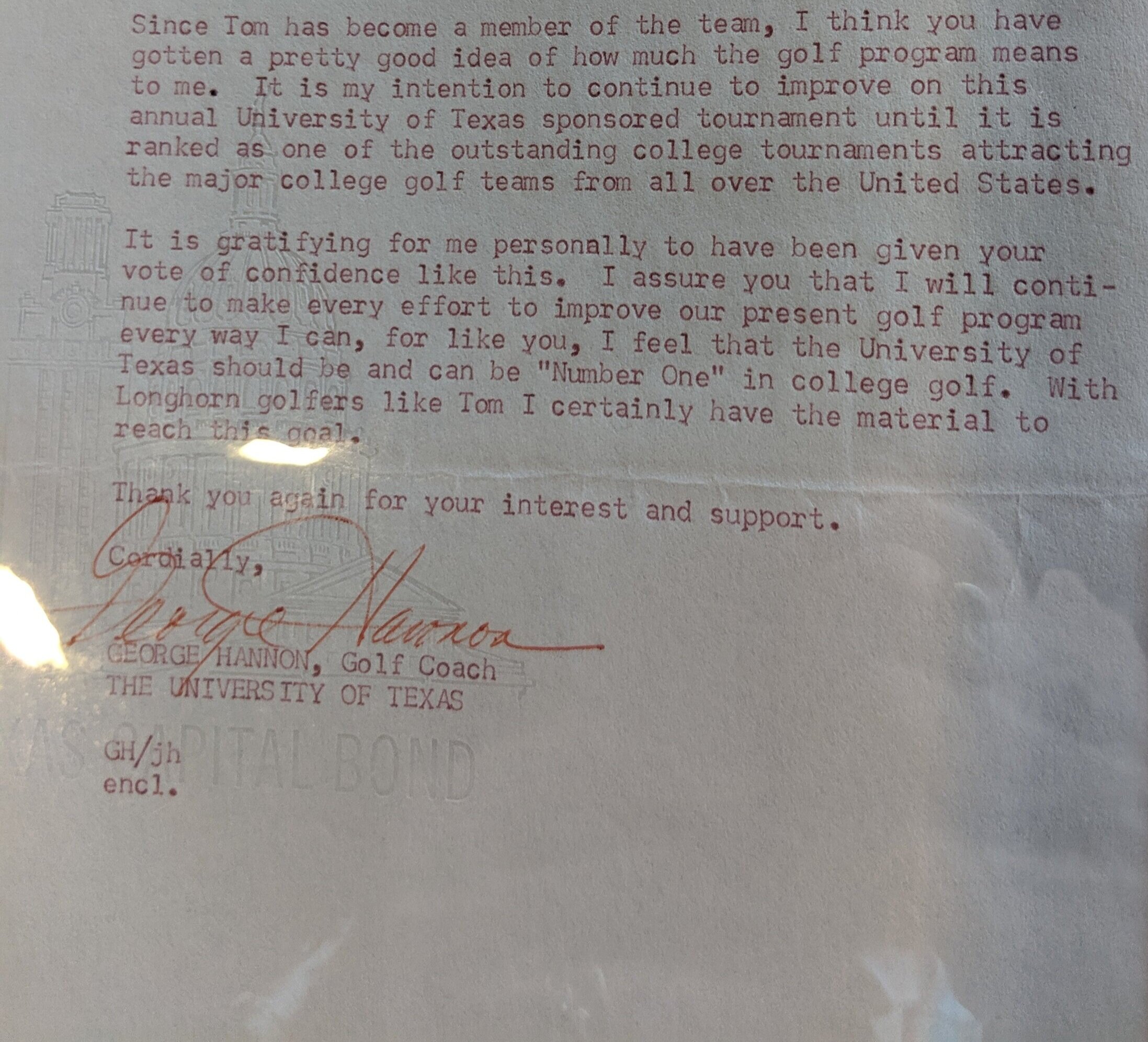 1969 letter from Coach Hannon to Tom Kite Senior.