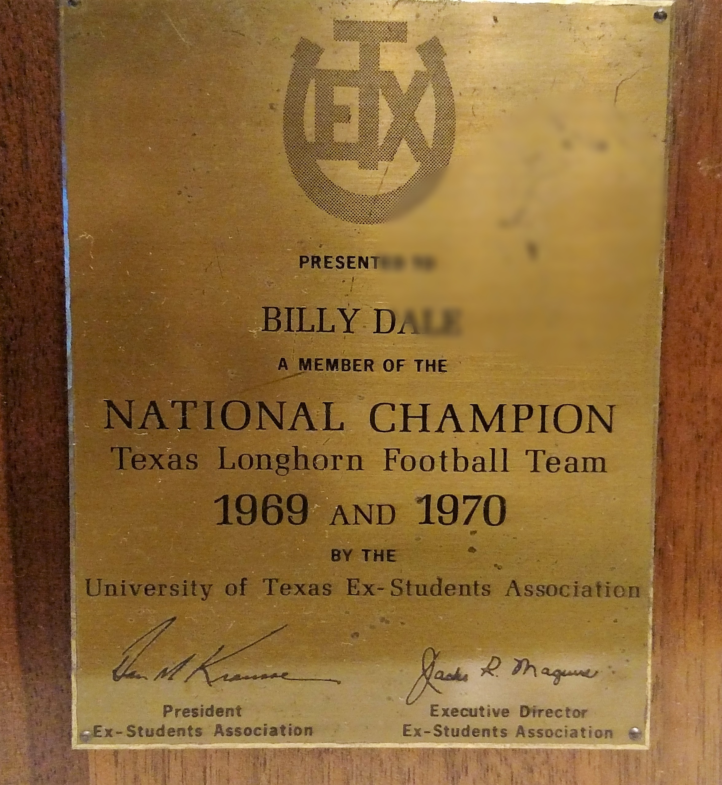 Outside of Plaque given to the 1969 and 1970 National Champs by the Texas Ex-Students Association