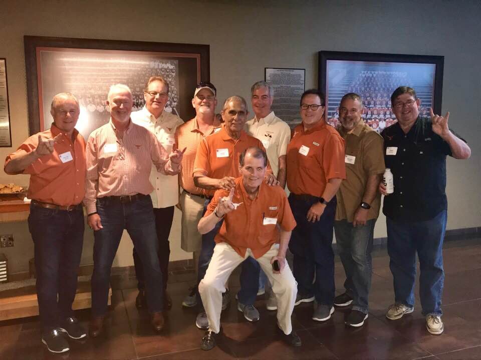  With former football managers at the 2019 T Association Lettermen’s Dinner. These guys were very helpful to me in the equipment room for practice and for games. From L-R: Allen David, Mike Powers, Mark Stone(white shirt), Geoffrey Royall(with cap), 