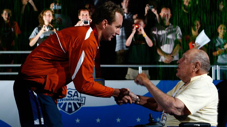  The 1936 Longhorn &nbsp;1st Olympic gold medalist in the 100m back (Kiefer) greets Peirsol the Longhorn 2008 Olympic gold medalist in that event.&nbsp; 